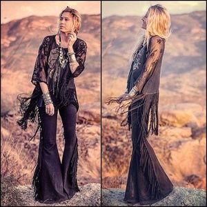 LONG LENGTH Hip Hugger Fringe Bell Bottoms in BLACK SOLID - Sizes XS S M L XL